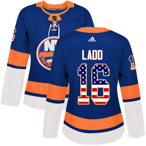 Adidas Islanders #16 Andrew Ladd Royal Blue Home Authentic USA Flag Women's Stitched NHL Jersey - Click Image to Close